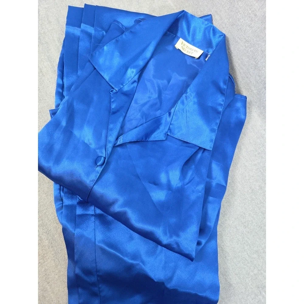 Victorias Secret Gold Label Satin Pajama Set M Vintage Lounge Royal Blue Retro